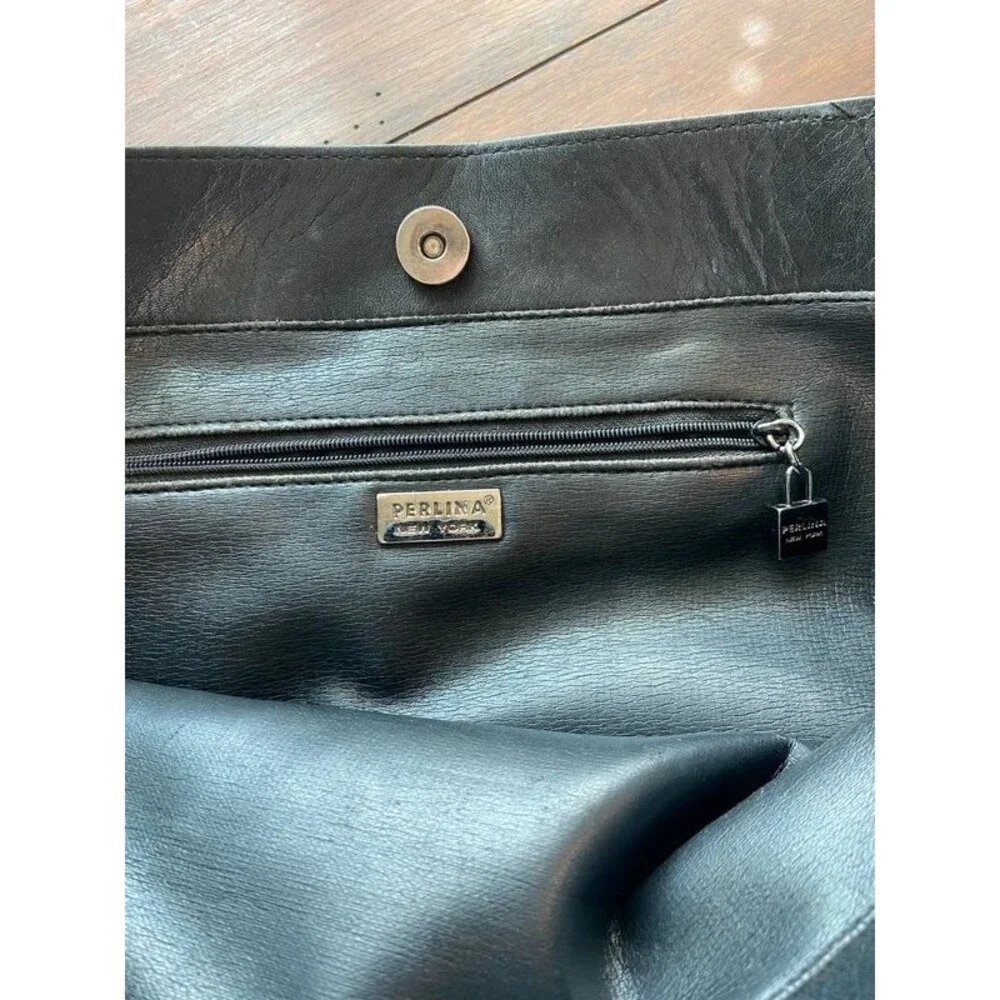 Perlina Leather Tote Bag Purse Black 18” Women's with lock charm